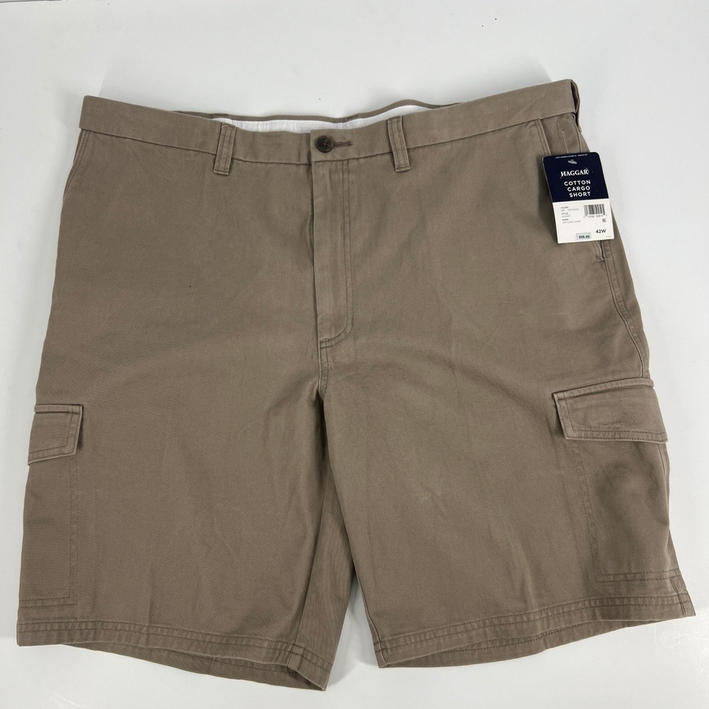 Haggar Mens Cotton Cargo Shorts Med Khaki 42W Hidden Comfort Waistband HS10509